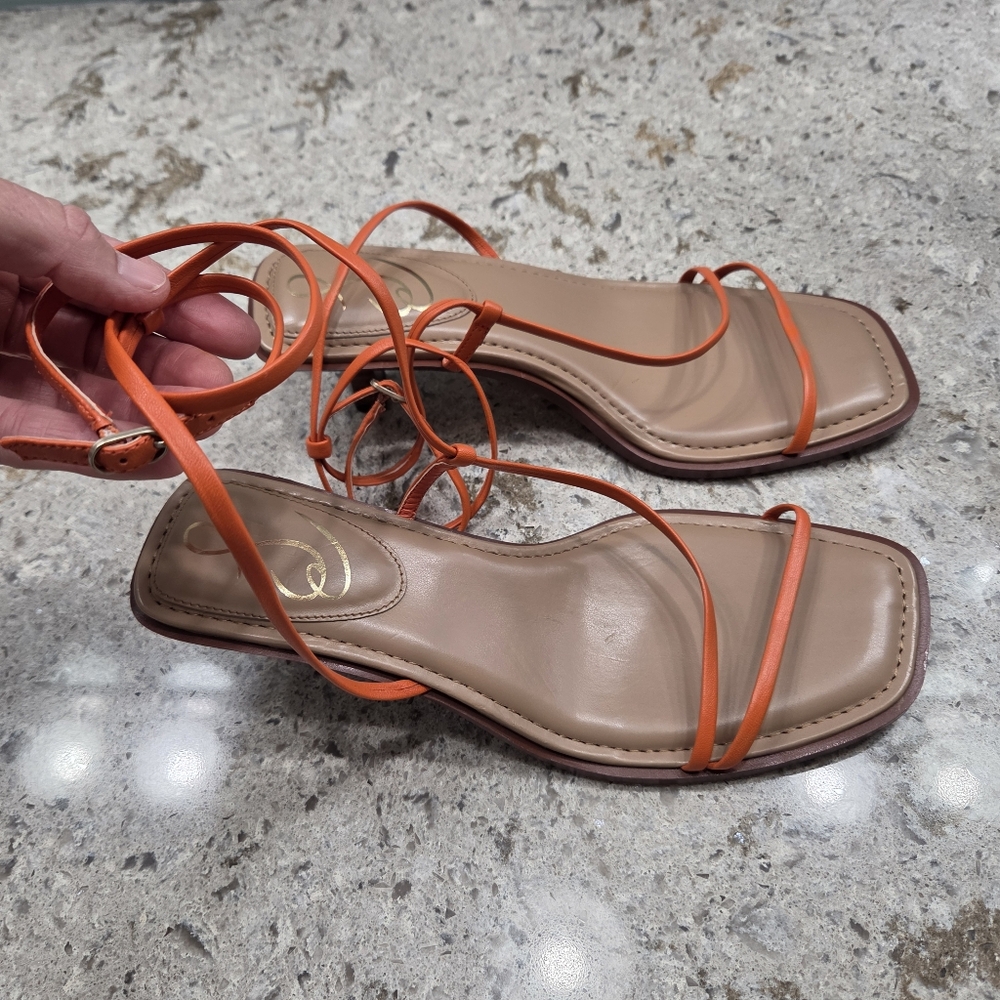 NEW Sam‎ Edelman Orange Tan Strappy Sandals 9.5 Summer Sexy Short Heel - Picture 12 of 14